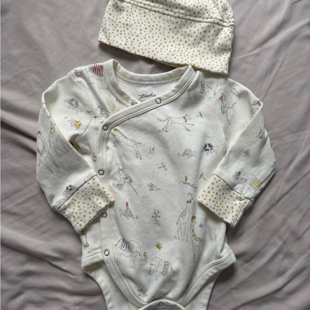 Infant pehr Long sleeved onesiewith Hat